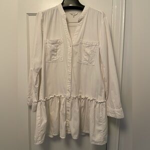 100% Cotton White Button-Front Ruffle Hem Shirt Dress